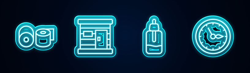 Set line Toilet paper roll, Sauna wooden bathhouse, Essential bottle and clock. Glowing neon icon. Vector.