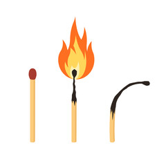 Collection of matchstick. Matches unlit, with flames and burnt out. Icons isolated on white background. Cartoon flat design. Vector illustration. 