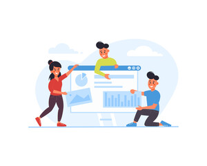 Team of web developers designs website, banner isolated on white background. Landing page template of social media marketing. Modern cartoon flat design. Vector illustration.