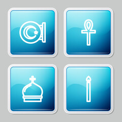 Set line Star and crescent, Cross ankh, Church tower and Burning candle icon. Vector.