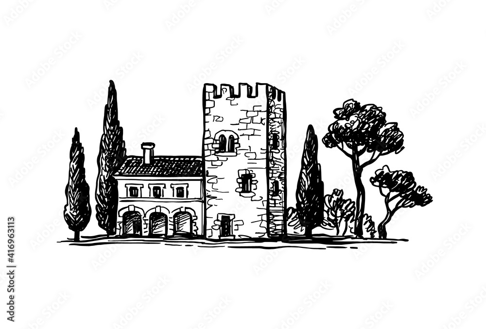 Wall mural ink sketch of italian country house.