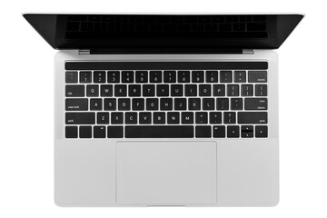 Top view of a modern generic silver laptop with a blank screen isolated on a white background. High resolution image. 