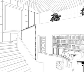 interior contour visualization, 3D illustration, sketch, outline