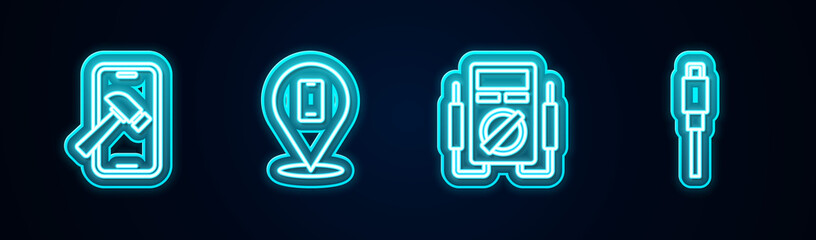 Set line Mobile with broken screen, Phone repair service, Multimeter and USB cable cord. Glowing neon icon. Vector.