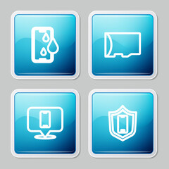 Set line Waterproof phone, Micro SD memory card, Phone repair service and Mobile with shield icon. Vector.