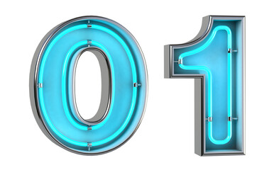 Fototapeta premium Number 0 and 1. Neon light 3d number with glowing blue tubes. 3d illustration.