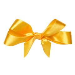 Shiny satin ribbon bow in yellow color isolated on white background close up