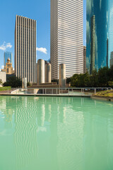 Cityscape view of Tranquility Park in downtown Houston, Texas