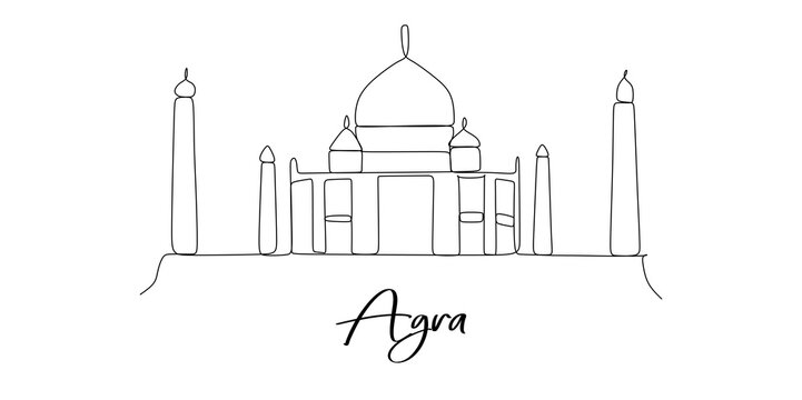 Agra city of India landmarks skyline - Continuous one line drawing