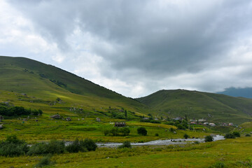 Panorama of the Kurtatinsky gorge in the mountains of the North Caucasus. Republic of North Ossetia...