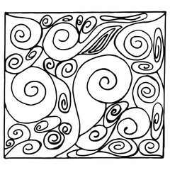 Pattern with curlicues, floral ornament, shells, antistress coloring, black lines on a white background. Doodle design for website design, greeting cards, polygraphy, presentations, gift boxes. 