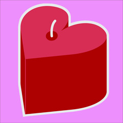 Red heart shaped candle. Red wax candle on pink background. This candle is drawn in a sticker style with a white outline.