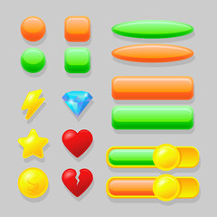 User interface elements for game design orange and green buttons, heart, diamond, gold icons.