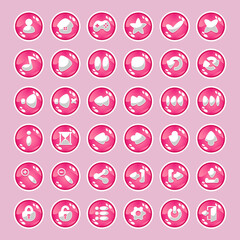 Pink buttons with icons for user interface design for games.