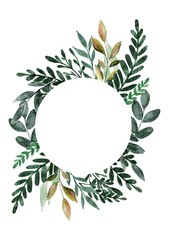 Wedding watercolor hand drawing greenery posters. Floral green invitation cards with rustic garden branches and leaves. Trendy garden borders in circle on white background