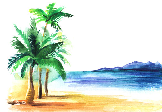 Tropical summer landscape extracted on white background. Blurry palms with wide thick leaves on sandy coast of turquoise sea and blue mountains on horizon line. Hand drawn illustration of paradise