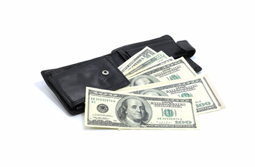 American dollars in leather black wallet isolated on white background