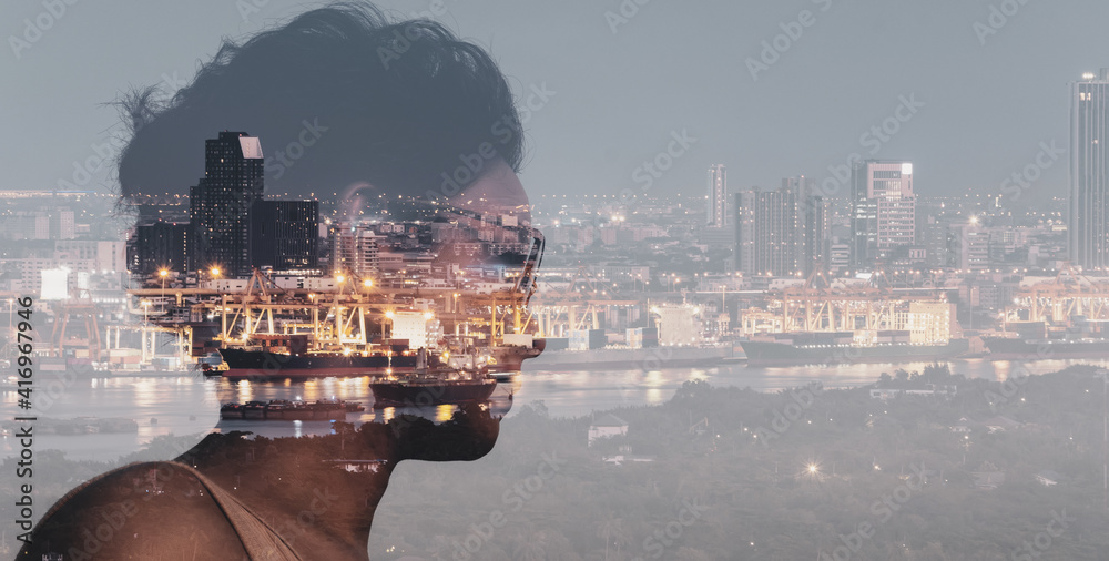 Poster double exposure of smart entrepreneur woman looking at global business connection technology interfa