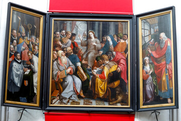 Our Lady cathedral, Antwerp, Belgium. Frans Francken triptych, Christ among doctors. 1587....