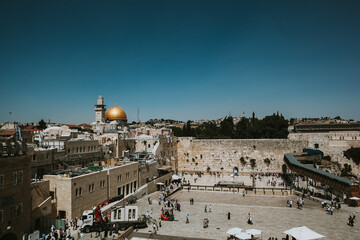 Fototapeta premium Jerusalem, Israel, 05,10,2017: The Wailing Wall, panoramic view of the old city on a clear sunny day
