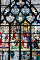 16th-century stained glass windows set in the north wall of Saint Joan of Ark's church, Rouen. France. 22.03.2018