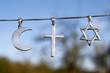 Symbols of islam, christianity and judaism. 22.03.2018