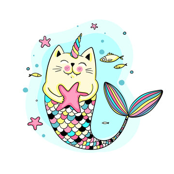 Cute cat mermaid, vector doodle illustration for kids