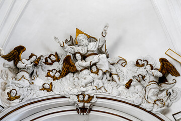 Santa Chiara church, Noto, Sicily (Italy). Ceiling sculptures. God in Heaven. 31.07.2018