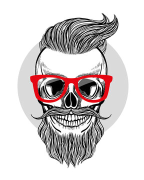 Skull hipster with mustache, beard and red sunglasses, vector illustration