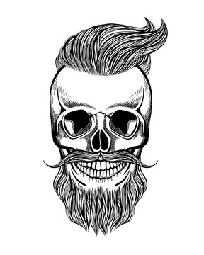 Skull hipster with mustache, beard and red sunglasses, vector illustration