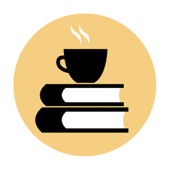 Silhouette of a cup with coffee on a stack of books. Education and training symbol. Vector isolated illustration