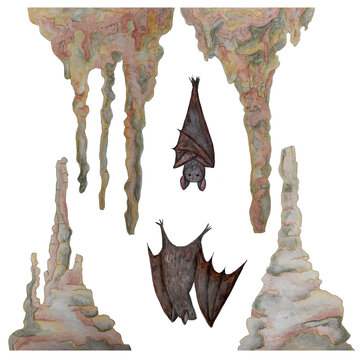 Watercolor set with stalactites and two bats.