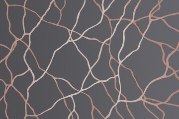 Gold abstract cracks and veins on a dark gray background. Gradient intersecting rose golden lines