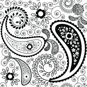 Paisley seamless pattern in black and white. Editable vector illustration with clipping mask, isolated. EPS 10