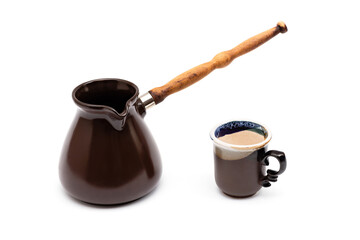 ceramic turk for coffee and coffee cup on a white background