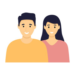 Happy young man and woman standing together. Lovely mature couple. Wife and husband smiling. Family flat illustration. Sister and brother vector isolated on white background. Romantic concept.