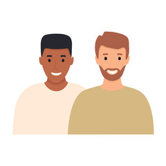 Homosexual LGBT gays. Two young multicultural boys standing together in love. Best friends avatars. Transgender family concept. Homosexual relationship vector illustration isolated on white.