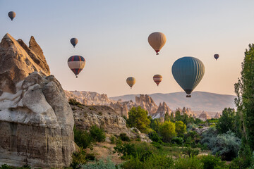 Hot Air Ballooning over the Cappadocia Plains, Anatolia, Turkey, at dawn