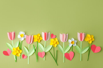 Happy Easter paper craft for kids. Paper DIY seasonal flowers tulips and hearts on pastel green background. Spring decor, create art for children, daycare, kindergarten, flyer greeting card - 416971752