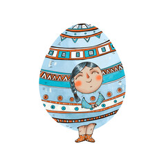 Funny Easter eggs, cute children characters. Hand-drawn vintage holidays design elements