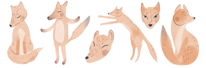 Fox cute adorable character doing different activities funny happy nature red tail and wildlife orange forest fox character