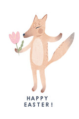 Colorful Happy Easter greeting card with fox with rabbit ears, little chickens, Easter eggs, flower and text. Easter background. Hand drawn  illustration