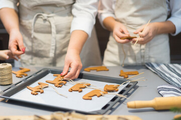 Fototapeta na wymiar the process of making gingerbread. baking holiday cookies at home. cookies of different shapes on a baking sheet