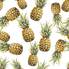 Pineapple isolated on a white background. Watercolor acrylic colourful illustration. Tropical fruit drawn. Seamless pattern for fabric design