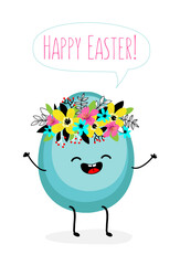 Happy easter greeting card. Character egg with kawaii smiling face and wreath of flowers on the head, white background