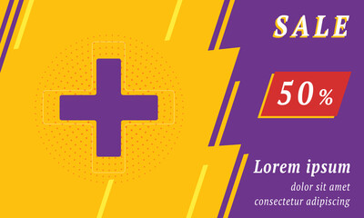 Sale promotion banner with place for your text. On the left is the plus symbol. Promotional text with discount percentage on the right side. Vector illustration on yellow background