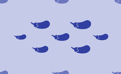 Seamless pattern of large isolated blue eggplant symbols. The pattern is divided by a line of elements of lighter tones. Vector illustration on light blue background