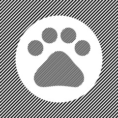 A large pet symbol in the center as a hatch of black lines on a white circle. Interlaced effect. Seamless pattern with striped black and white diagonal slanted lines