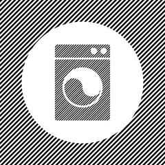 A large washer symbol in the center as a hatch of black lines on a white circle. Interlaced effect. Seamless pattern with striped black and white diagonal slanted lines