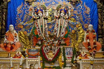 Murthis of Gaura-Nitai, Chaitanya Mahaprabhu with Nityananda, and of Bhaktivedanta Swami Prabhupada and his spiritual teacher Bhaktisiddhanta Sarasvati Thakura.  India. 19.02.2018